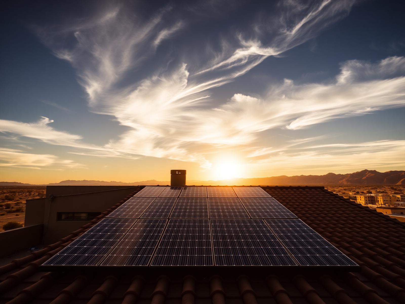 Solar panels on a desert rooftop at golden hour